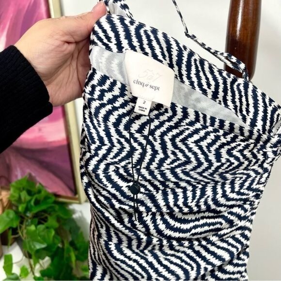 New CINQ À SEPT Christel One-shoulder Asymmetric Silk Midi Dress In Ivory/ Navy - Picture 9 of 15